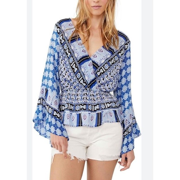 Free People Indigo Rosalie Wrap Top Blue Deep V Boho Ruffle Sleeve Size small - Picture 11 of 12